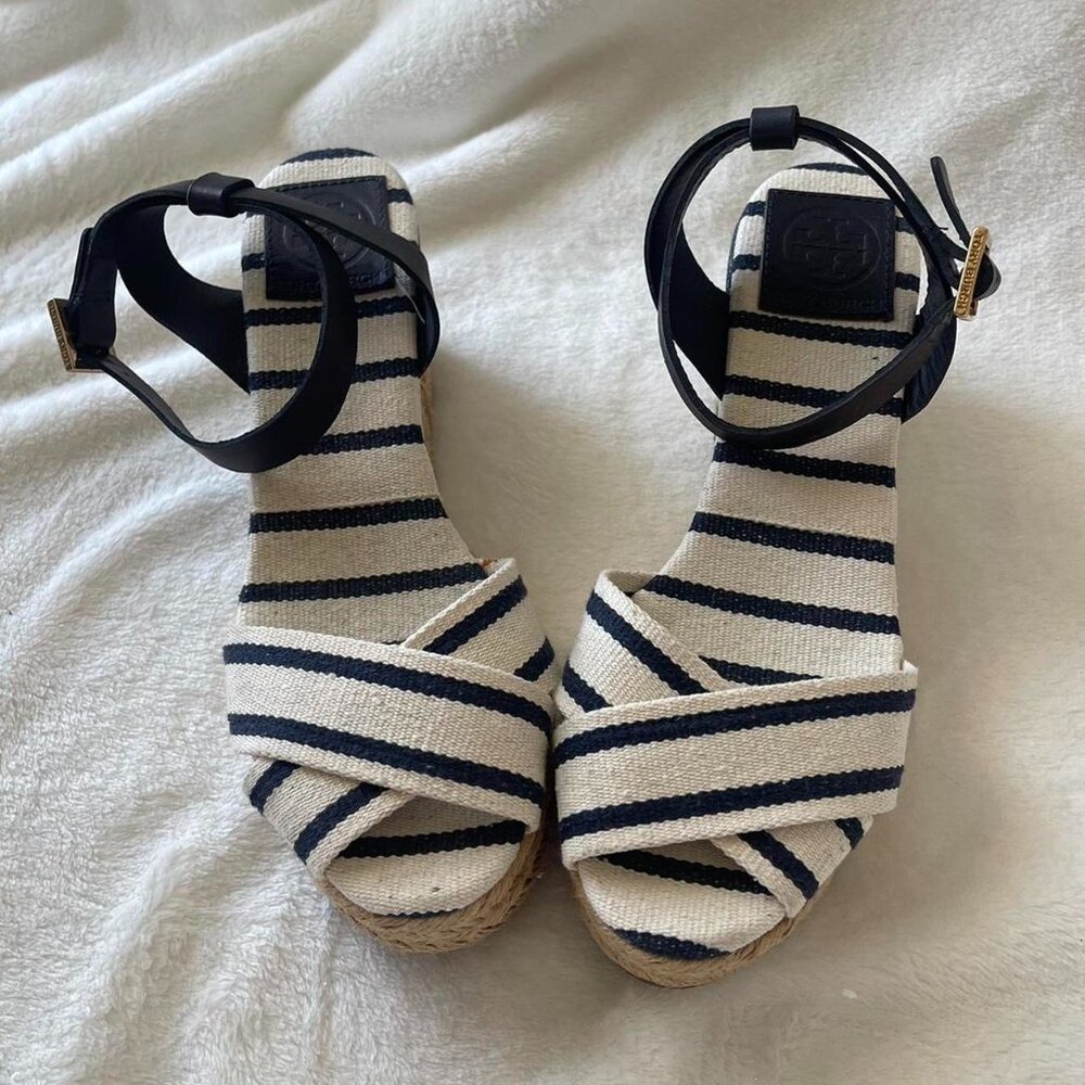 Tory Burch Navy and white striped espadrille wedges